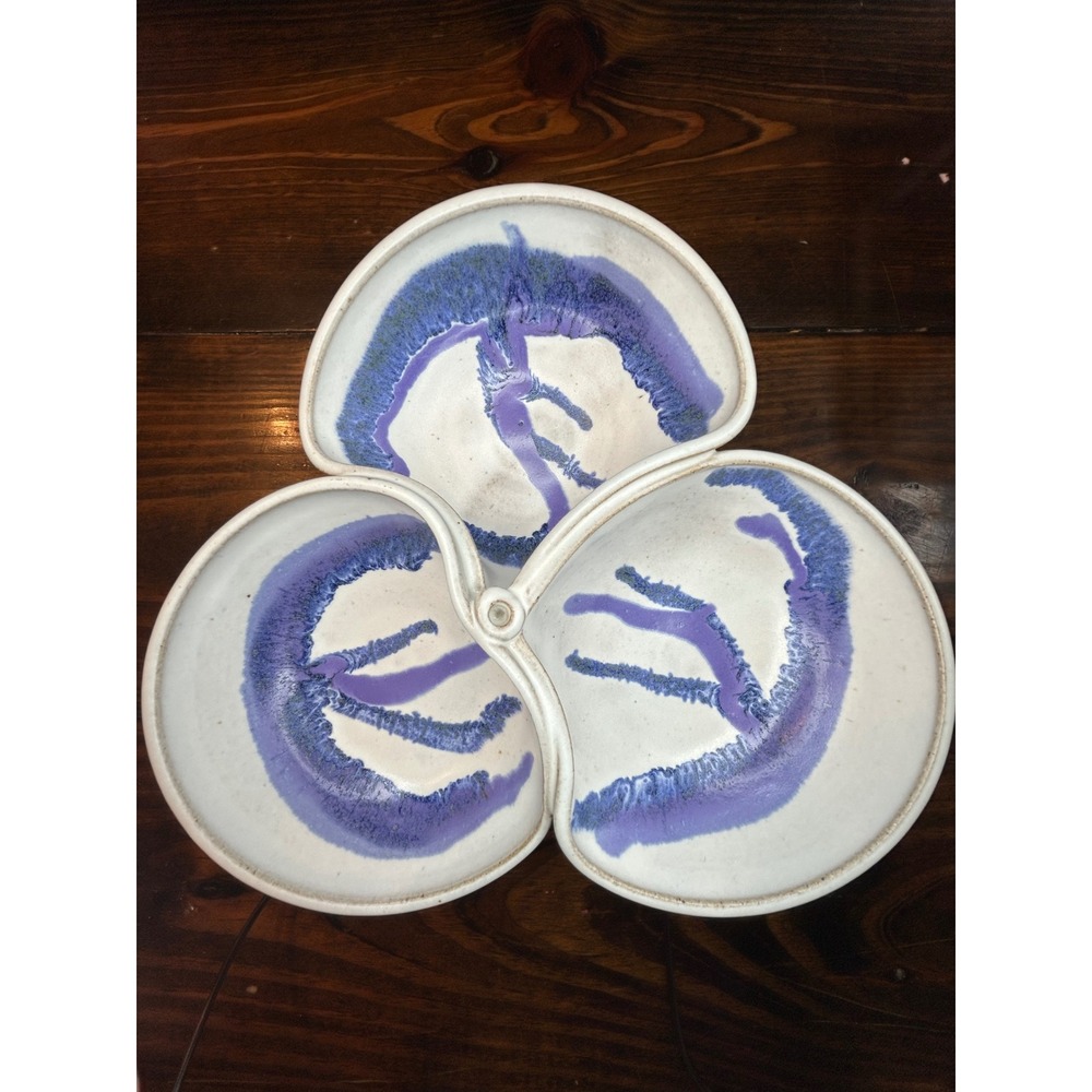 Vintage Handmade‎ Pottery 3-Section Divided Dish Purple Blue Drip Glaze